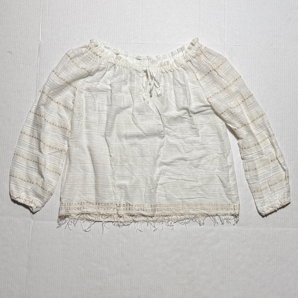 LEMLEM Tikuri Blouse Women’s Off-Shoulder Cream Boho Peasant Top Fringe Hem LG